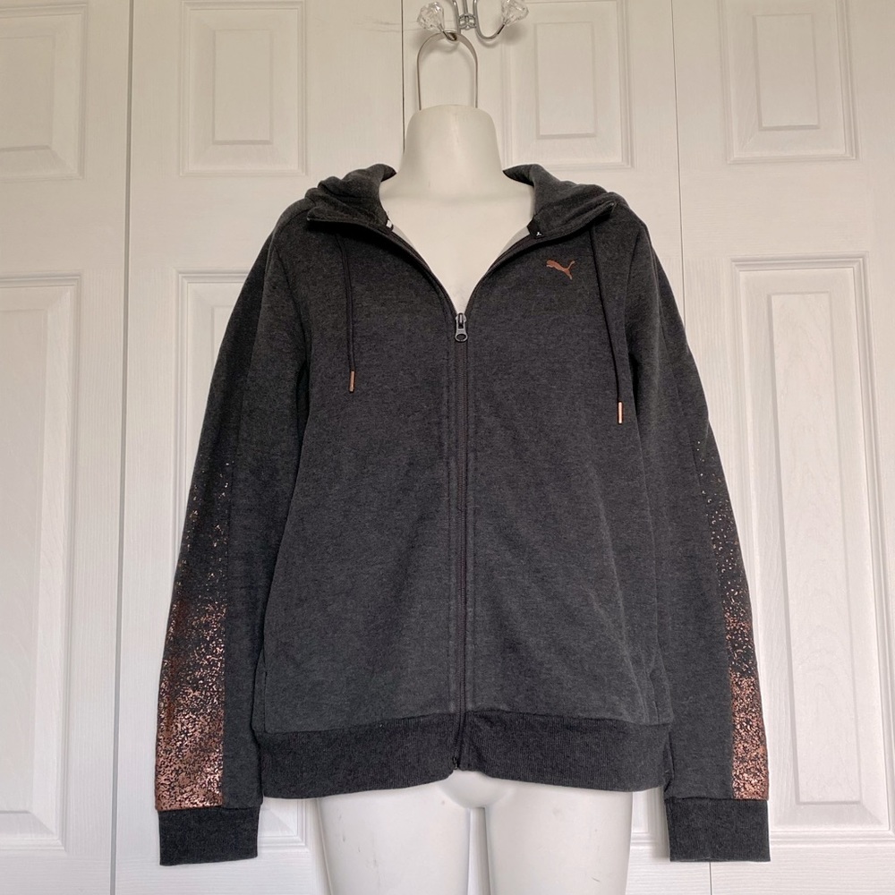 Puma Charcoal Gray Zip Hoodie with Rose Gold/Copper Foil details, Size L